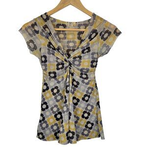 Sweet Pea Y2K Babydoll Top Small Yellow Gray Geometric Mesh Festival Sheer
